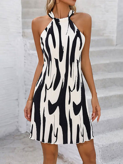 Loose Sleeveless Drawstring Lace-up Pleated Split-joint Halter-neck Mini Dresses
