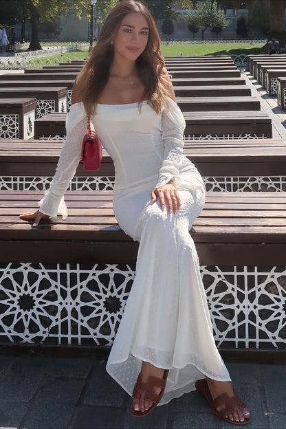 Mesh Double-layer One-shoulder Backless Mermaid Long Sleeve Maxi Dress