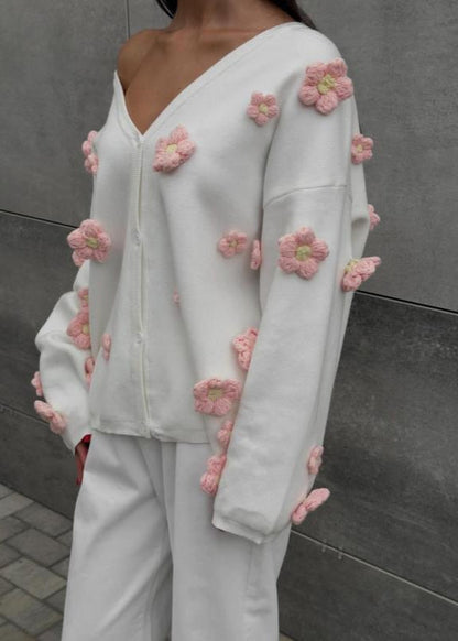 Blush Bloom - 3d Knit Cardigan With V-neck