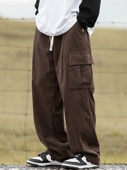 Brown Corduroy Flap Pocket Lace Up Cargo Pants