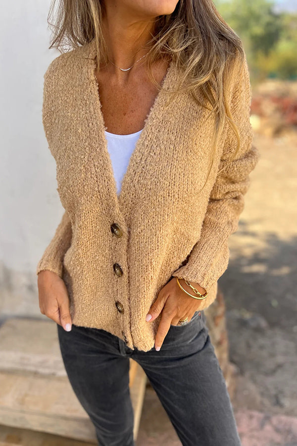 Color V-neck Long-sleeved Fashionable Knitted Cardigan