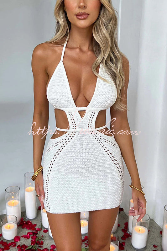 Effortlessly Cool and Knit Crochet Cutout Halter Tie-up Stretch Mini Dress
