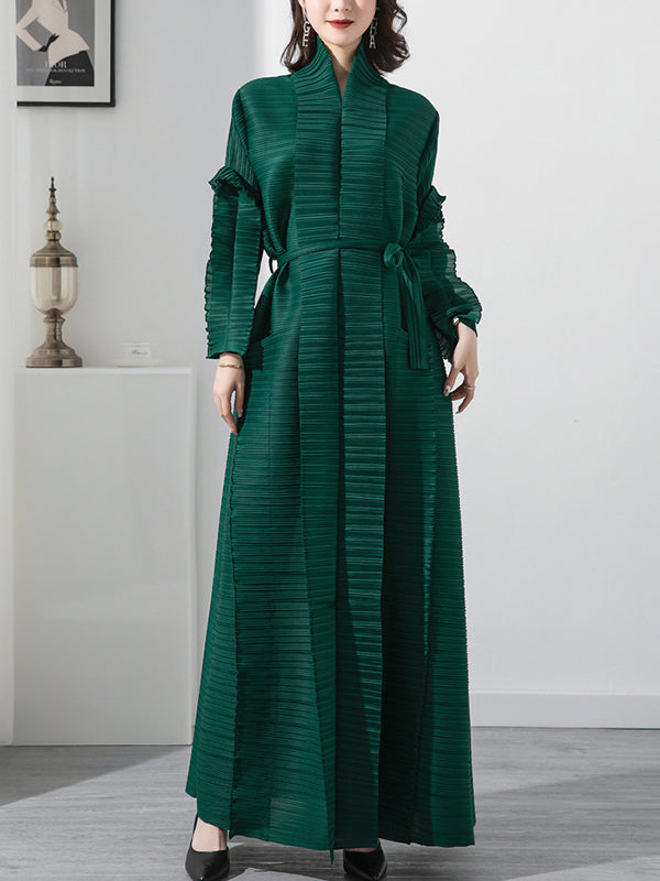 Long Sleeves Loose Tied Pleated Stand Collar Midi Dresses