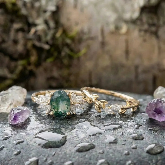 Elegant Moss Agate Ring Set