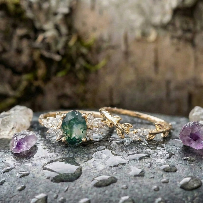Elegant Moss Agate Ring Set