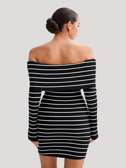 Striped Knit Sweater Mini Dress for Bandeau Backless Summer Contrast Party Dress Knitwear Mini Dress