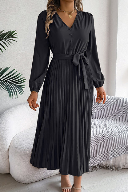 Color V-neck Buttoned Lace-up Pleated Maxi Dress