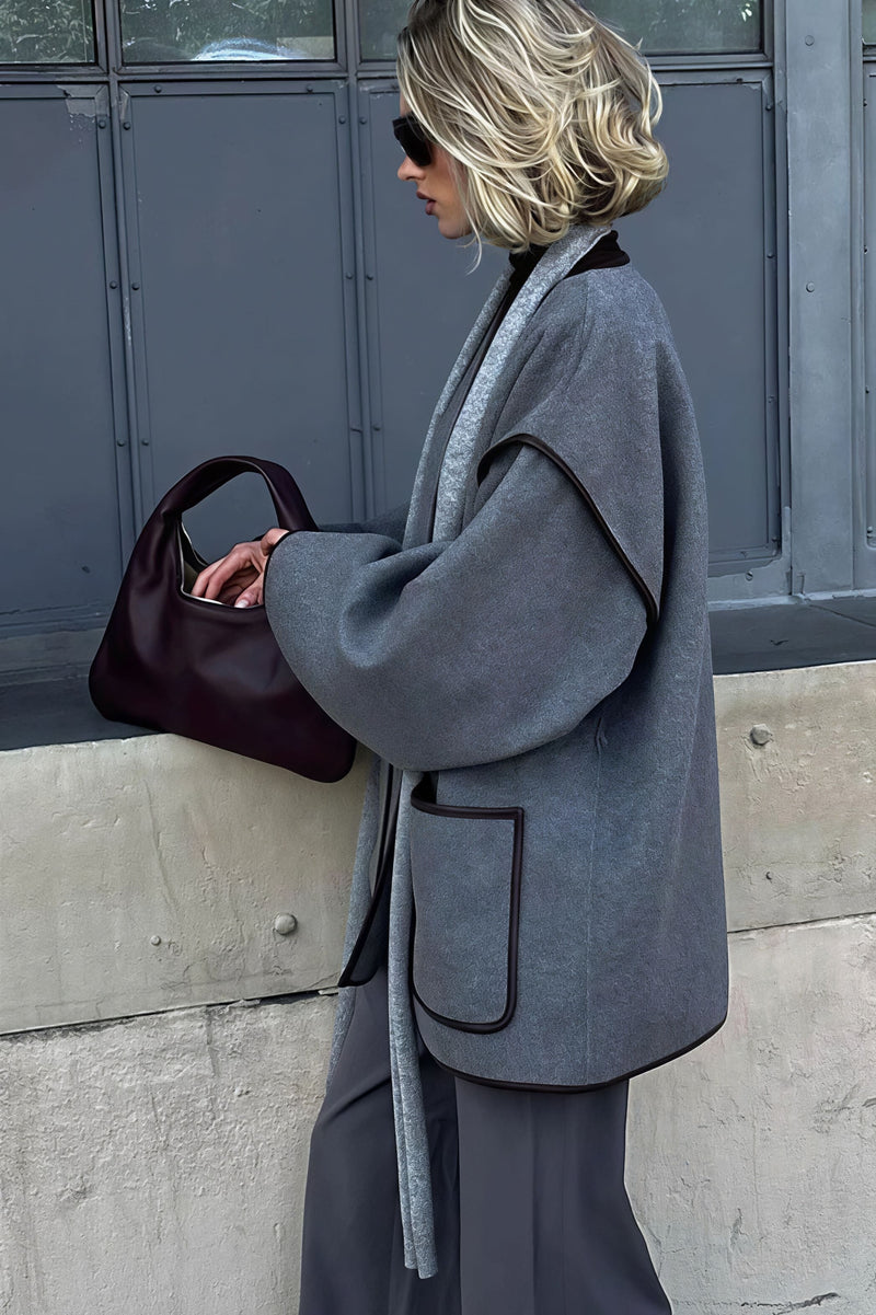 Leather Pieced Two-tone Belted Coat