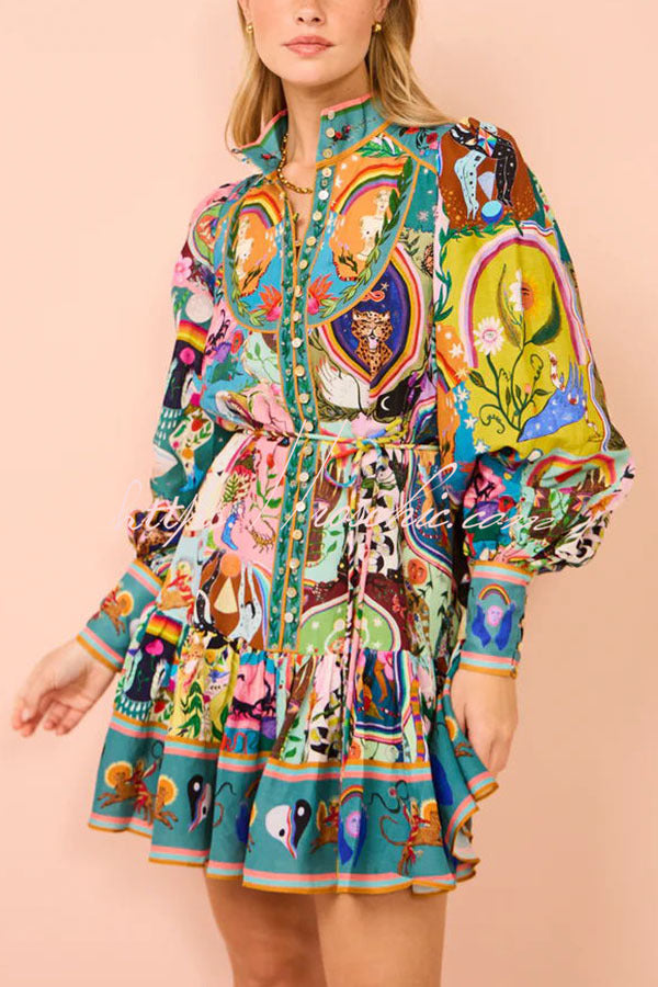 Touch of Unique Print Balloon Sleeve Button Shirt Mini Dress