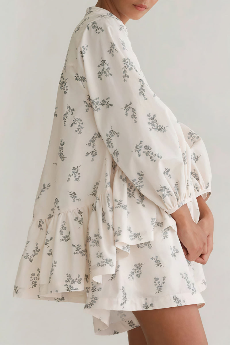 Puff Sleeve High Neck Ruffle Two Piece Set