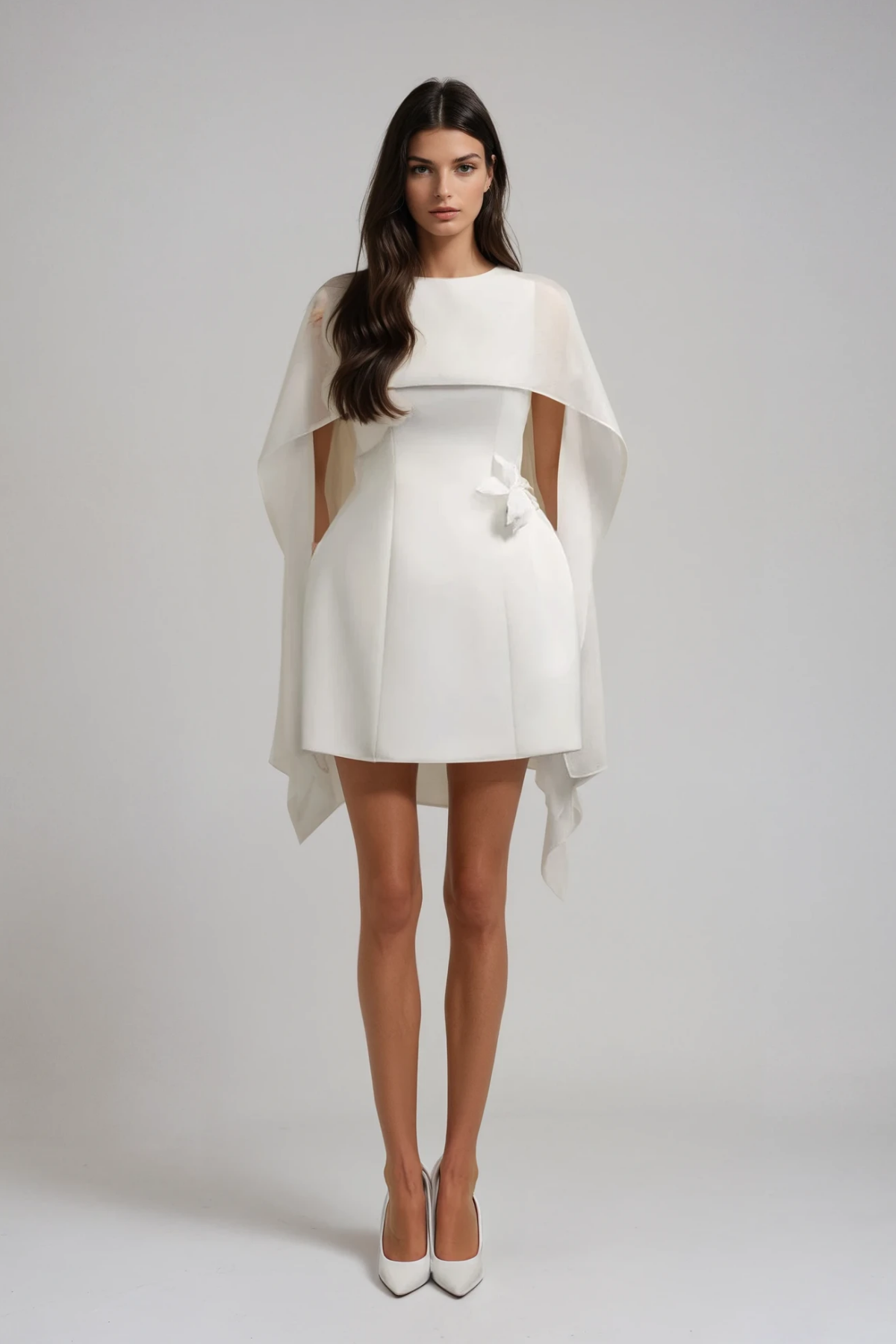 Davina Shawl Flower Mini Dress in White