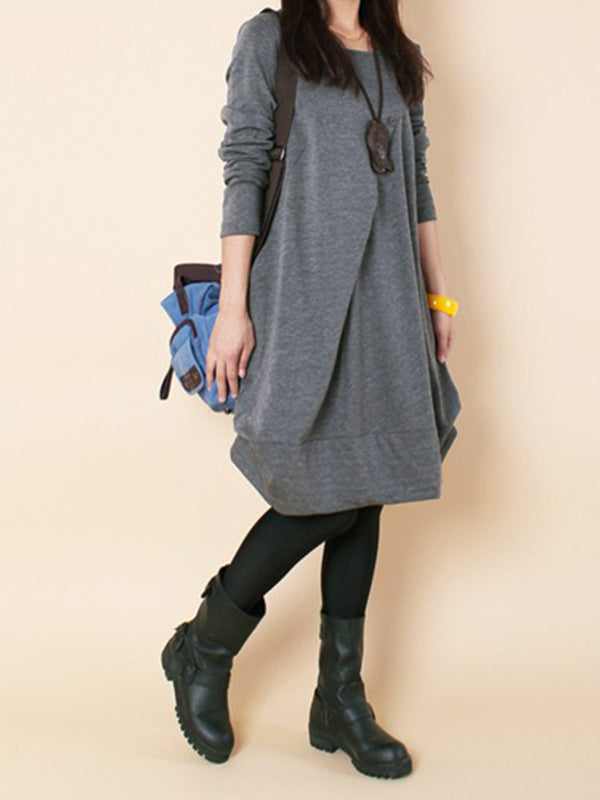 A-line Long Sleeves Pleated Color Round-neck Dresses Maxi Dresses