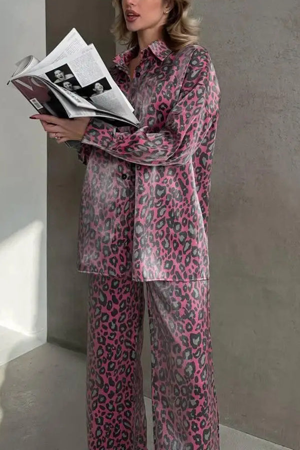 Leopard Print Long-sleeved Top and Loose Elastic Waist Tie Pants Set
