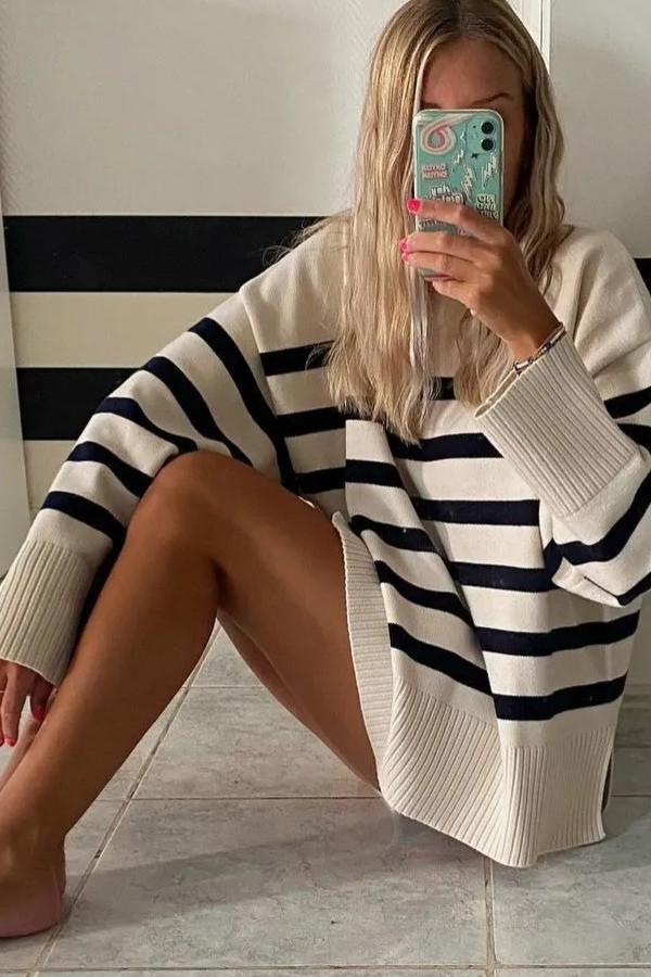 Striped Long Sleeve Crew Neck Pullover Knitted Sweater