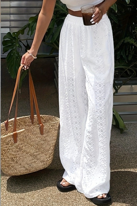 Cutout Embroidered Elastic Waist Pants