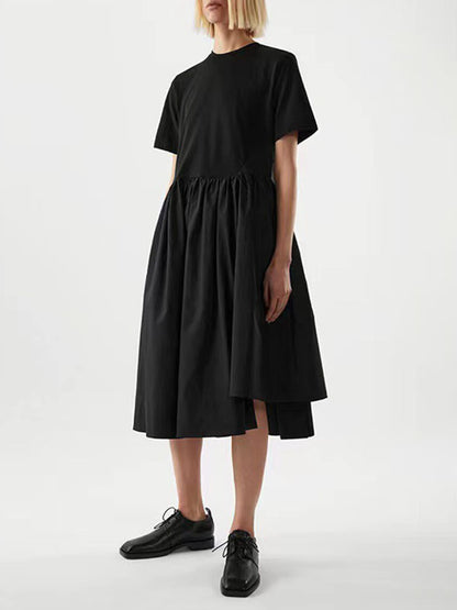 Loose Short Sleeves Color Round-neck Midi Dresses