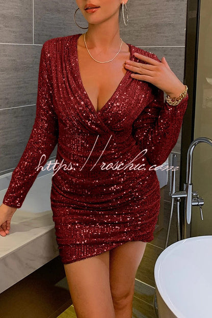 V Neck Wrap Hip High Waist Sequin Mini Dress