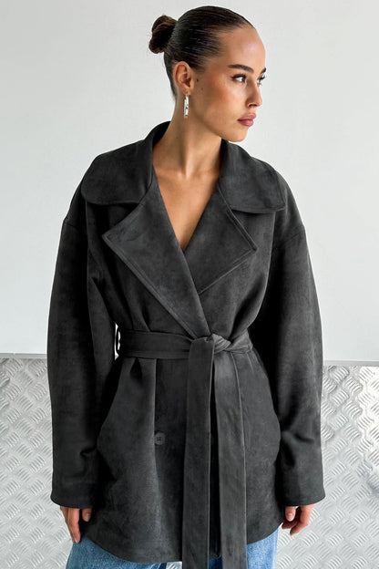 Brown Suede Tie Waist Overcoat