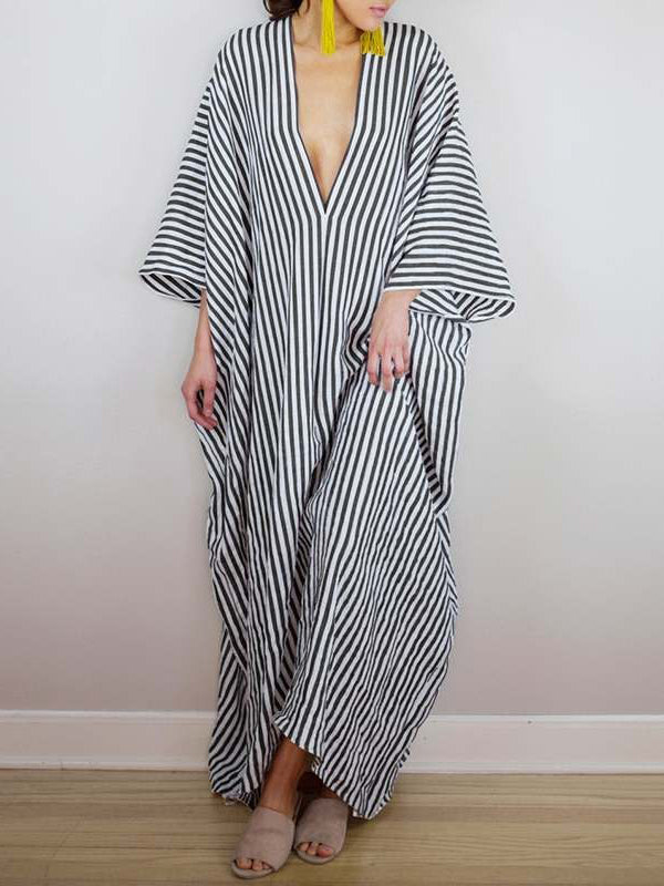 Batwing Sleeves Loose Striped V-back Deep V-neck Maxi Dresses