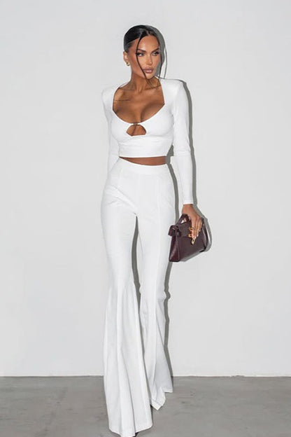 Color Long Sleeve Crop Top Pants Set