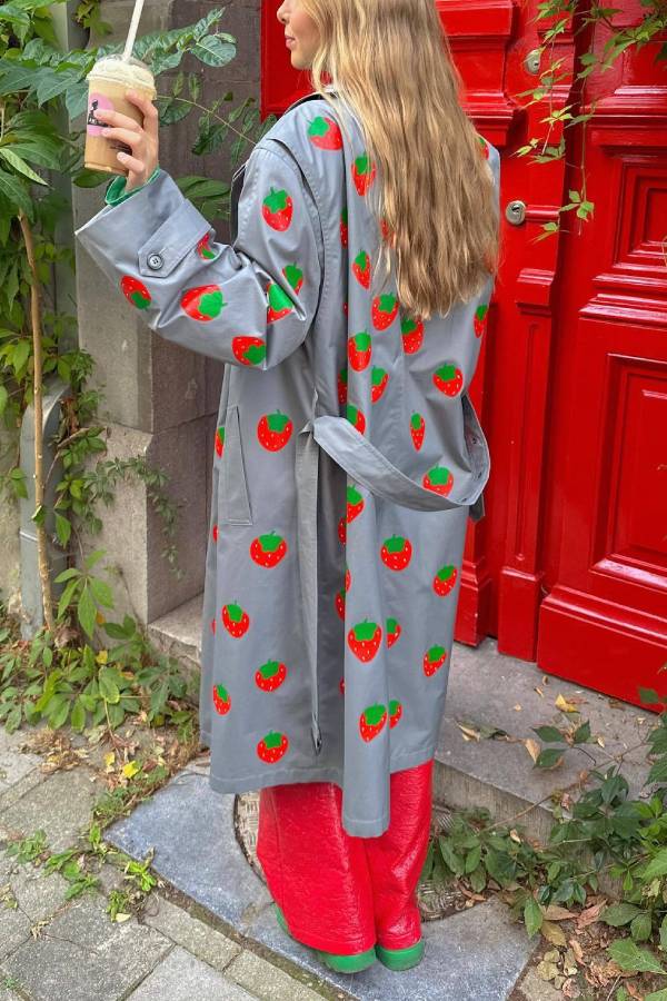 Fruit Print Long Coat Cherry Trench Coat