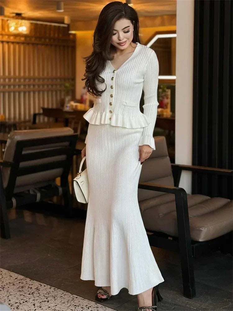 Ruffled Knit Maxi Dress ’s 2 Piece-set V-neck Hollow Out Patchwork Party Dress Female Knitwear Dress
