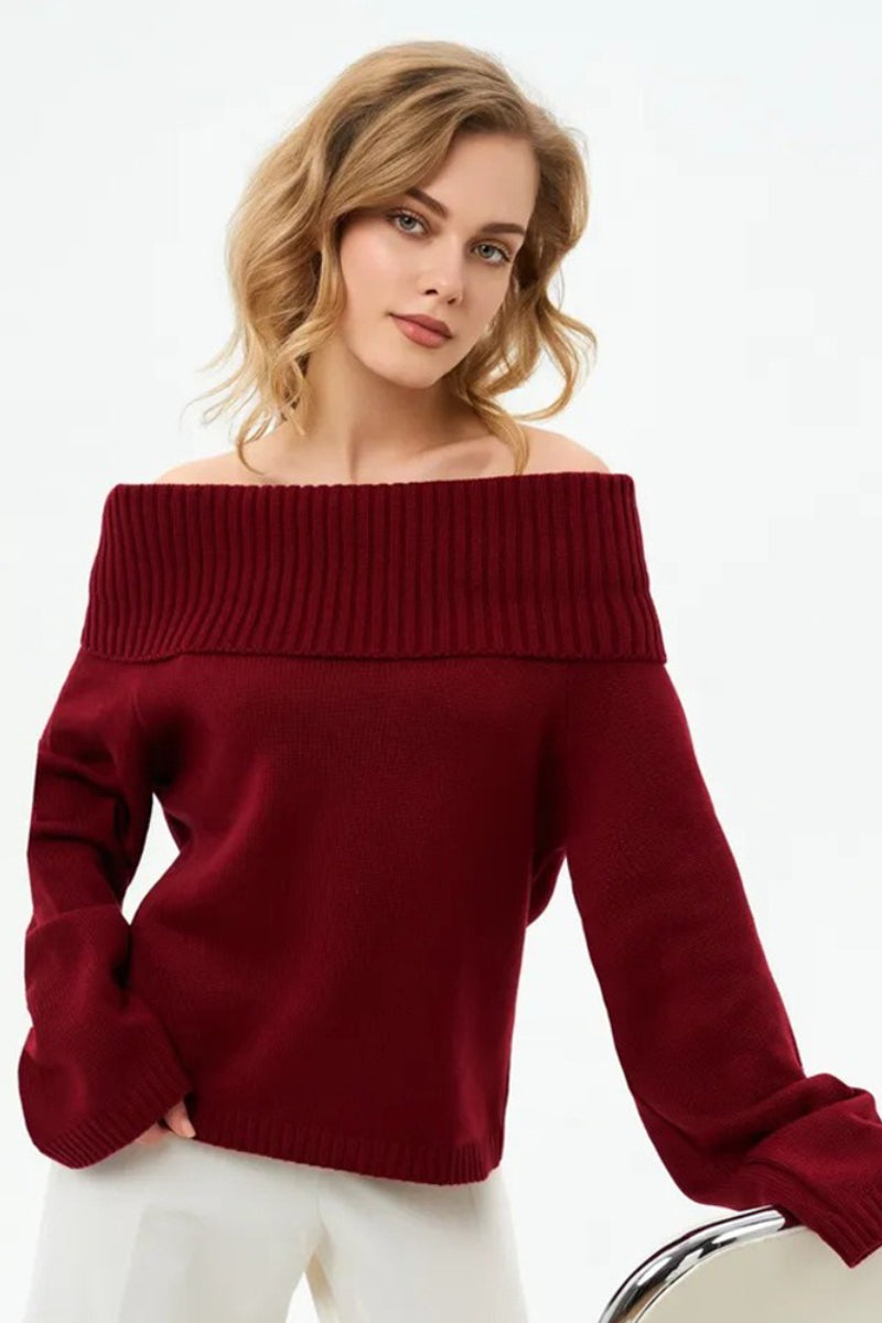 Color Off Shoulder Knitted Sweater