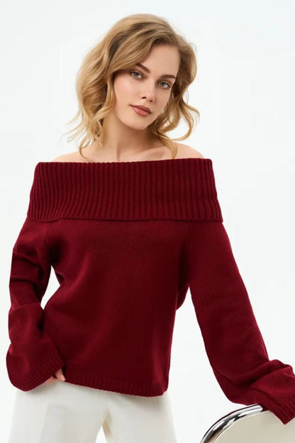 Color Off Shoulder Knitted Sweater