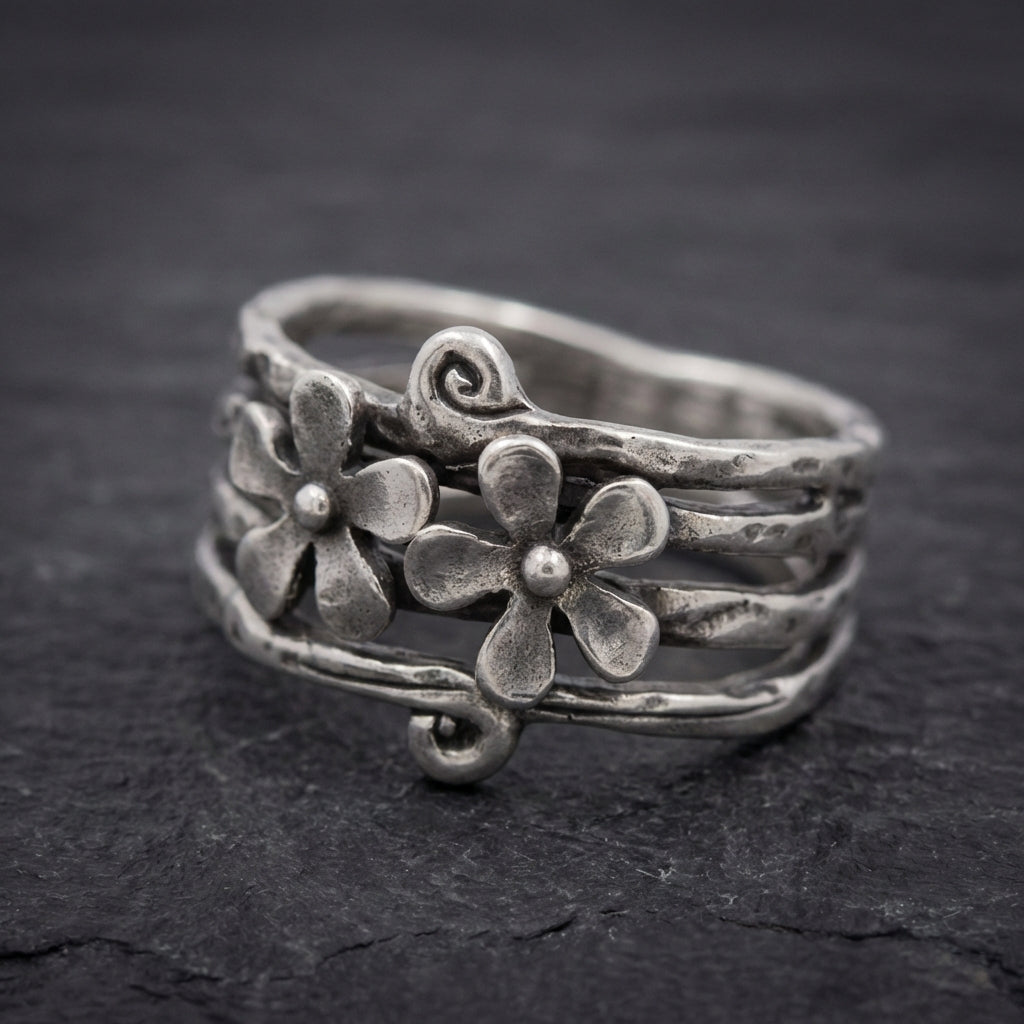 Vintage Flower Silver Layered Ring