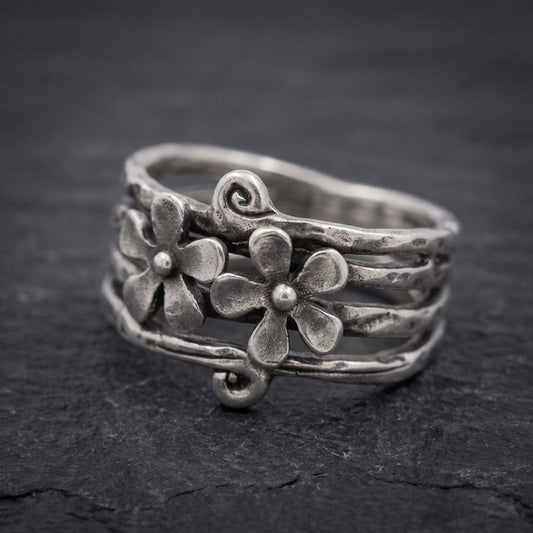 Vintage Flower Silver Layered Ring