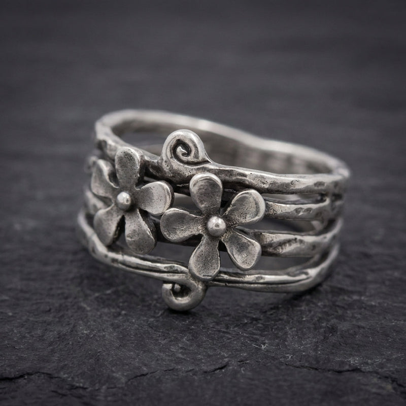 Vintage Flower Silver Layered Ring