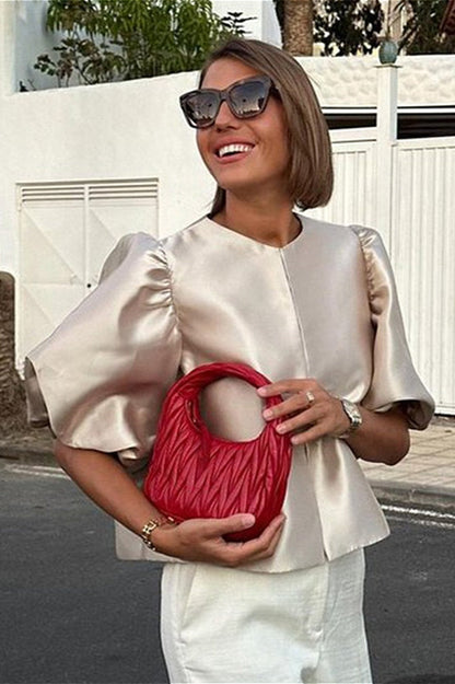 French Style Short Satin Balloon Sleeve Blouse