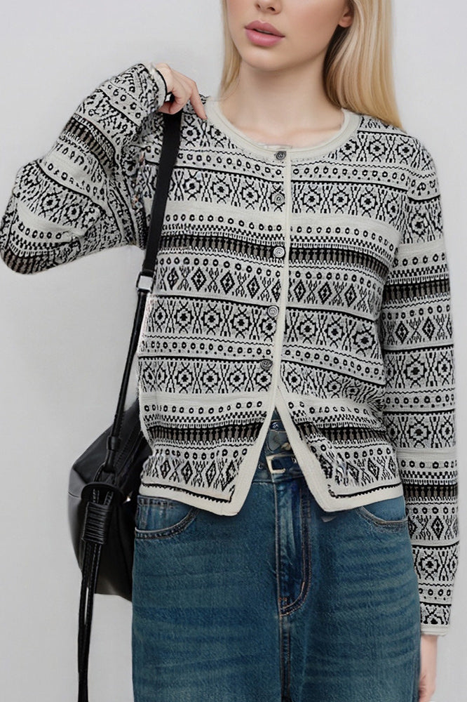 Jacquard Crew Neck Button Knit Cardigan