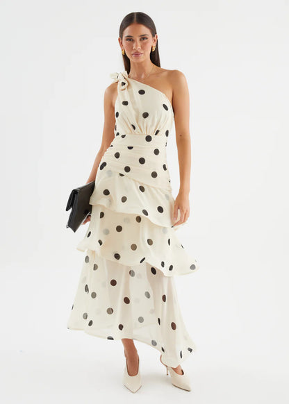 Polka Dot One-shoulder Ruffle Maxi Dress