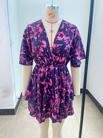 Loose Double Layered Pleated Printed Split-joint V-neck Mini Dresses