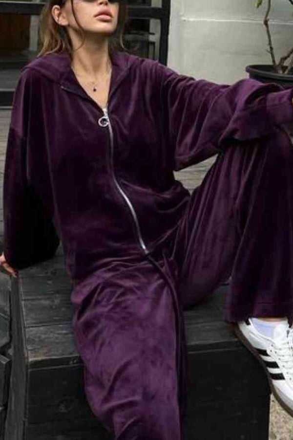 Velvet Zip-up Hooded Top and Elastic Waist Wide Leg Pants Set