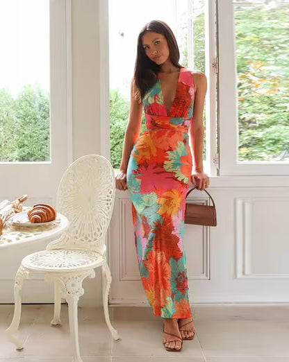 Clara'sholiday V-neck Printlace-up Maxi Dress
