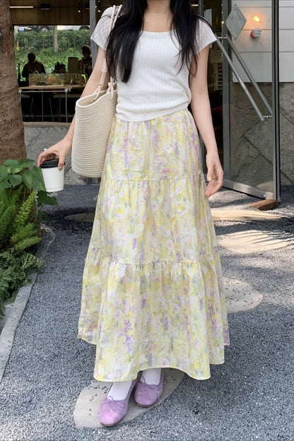 Monet Garden Yellow Midi Skirt