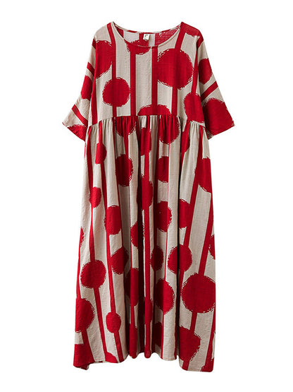 Original Polka-dot Split-joint Round-neck Midi Dress