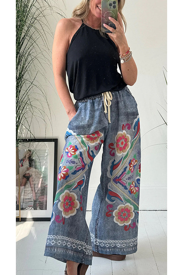 Hippie Style Unique Denim Print Elastic Waist Pocketed Wide Leg Pants