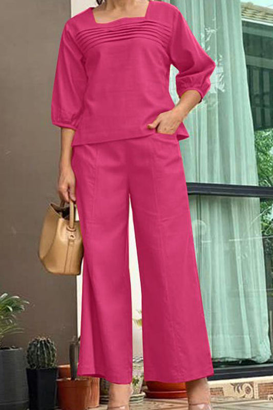 Loose Color Long Sleeved Top Wide Leg Pants Set