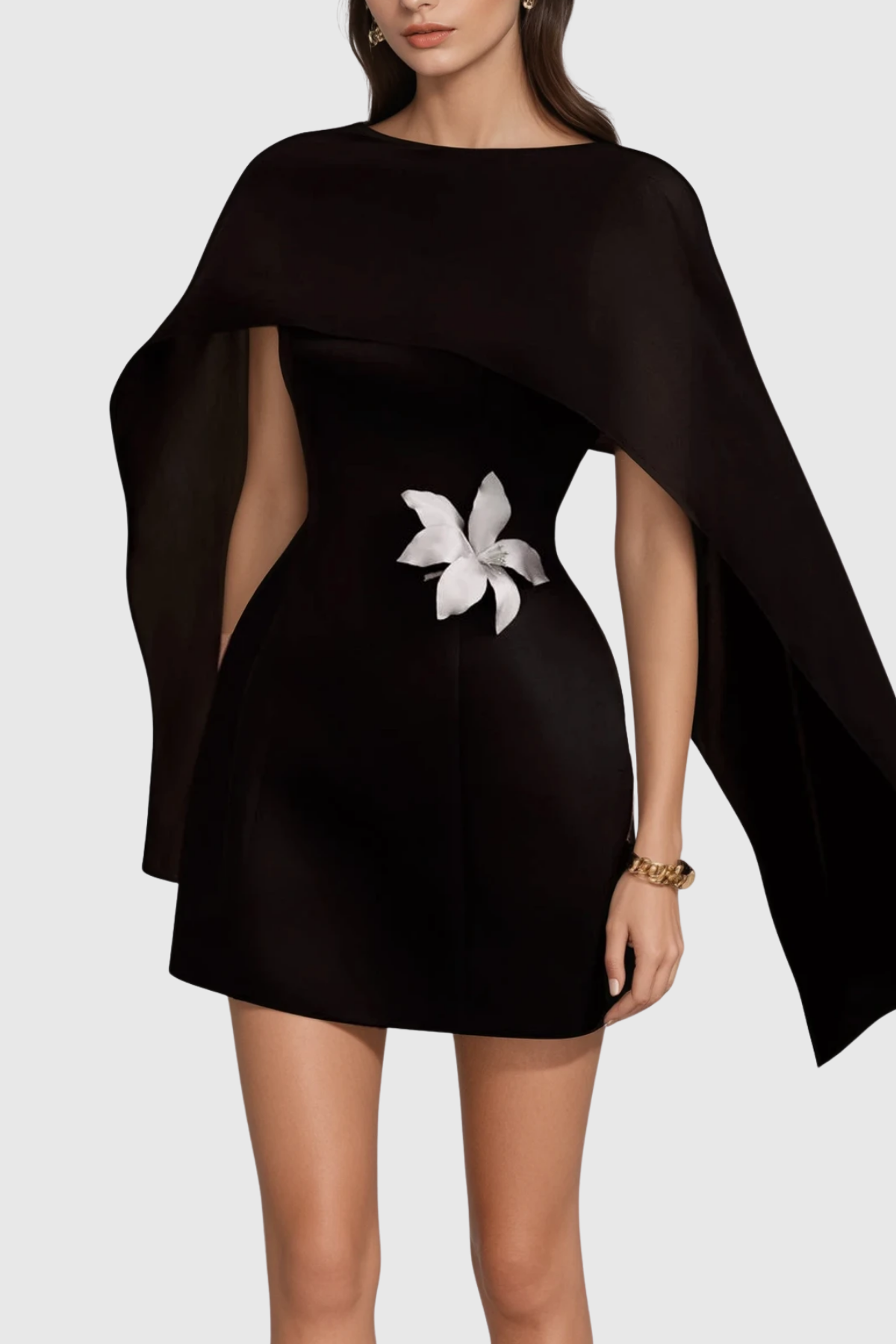 Davina Shawl Flower Mini Dress in Black