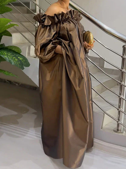 Loose Puff Sleeves Falbala Pleated Color Off-the-shoulder Maxi Dresses