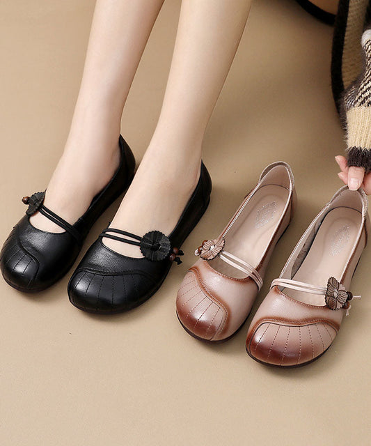Apricot Flats Cowhide Leather Buckle Strap Flat Shoes