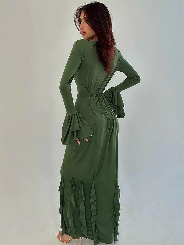 Bandage Ruffled Slim Maxi Dress ’s Patchwork Lace-up Bodycon Dress Female Autumn Long Dress