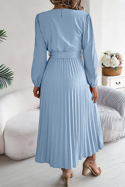 Color V-neck Buttoned Lace-up Pleated Maxi Dress