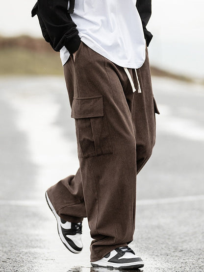 Brown Corduroy Flap Pocket Lace Up Cargo Pants