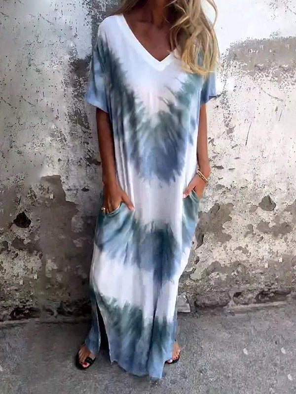 A-line Loose Contrast Color Pockets Tie-dyed V-neck Maxi Dresses