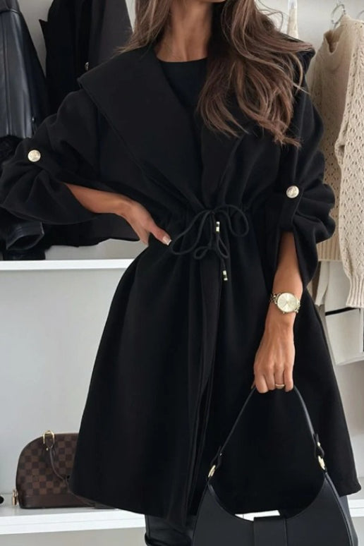 Tie Front Hooded Lapel Long Sleeve Coat