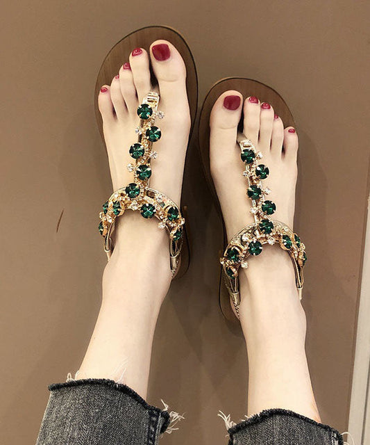 Boutique Zircon Splicing Peep Toe Flat Sandals Green Pu